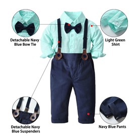 SANGTREE Baby Boy's Formal Outfit, Button Down Stripes Dress Shirt with Bow Tie + Suspender Pants Set for Toddlers Baby & Little Boys, 2 Pieces Baby Gift Clothes, Green, Tag 110 = 2-3 Years