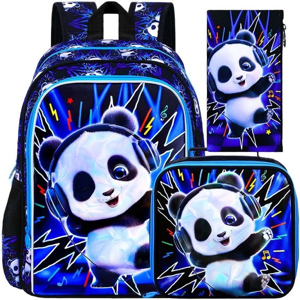 HPJGD 3PCS Boys Panda Bookbag, Water Resistant Kids Backpack Set