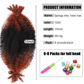 12inch Springy Afro Twist Hair 3 Packs Pre-Separated Braiding Hair Marley Twist Hair for Soft Faux Locs Short BOB Spring Twist Hair Kinky Twist Crochet Hair for Women