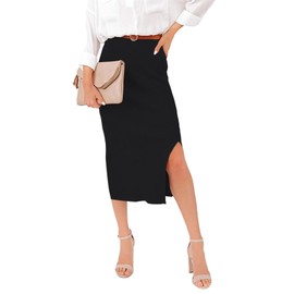 Addkaka Pencil Skirt for Women Midi Bodycon Elastic High Waisted Split Ribbed Knit Basic Sweater Skirts Midi Black Small