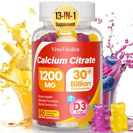 13-in-1 Calcium Citrate Gummies, 1200 mg with Vitamin D3, K2, Magnesium, Zinc, Ultimate Absorption Calcium Supplements for Women & Men, Bone, Muscle & Immune Support, Blueberry & Pineapple, 60 Gummies