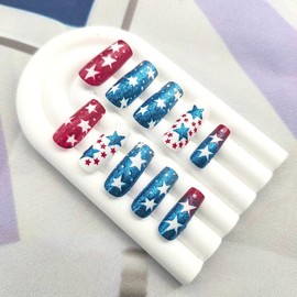 Independence Day Press on Nails Long Square Fake Nails with Glitter Star Designs Gradient Nails Press ons Red Glue on Nails 4th of July False Nails Blue Acrylic Nails Stick on Nails for Women 24Pcs