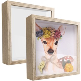 SUNMEG 8x8 Shadow Box Frame Display Case, Wood with Plexiglass, Display Case Box for Memorabilia, Medal, Crafts,Tickets and Photos, Picture Frame for Wall and Tabletop (2pcs-Natural Wood, 8x8)