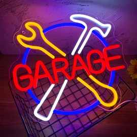 Garage Tool Neon Sign Wall Art - 13x11.8 Inch Dimming Garage Wrench Neon Light Sign USB-Powered LED Workshop Decor for Man Cave, Garage, Industrial Style Gifts for Dad Enthusiast Birthday