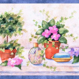 CONCORD WALLCOVERINGS ™ Wallpaper Border Vintage Pattern Flowers in Pots Cosmetics Lotions for Bathroom Powder Room Bedroom, Beige Green Blue, 15 ft by 8 in SI37221B