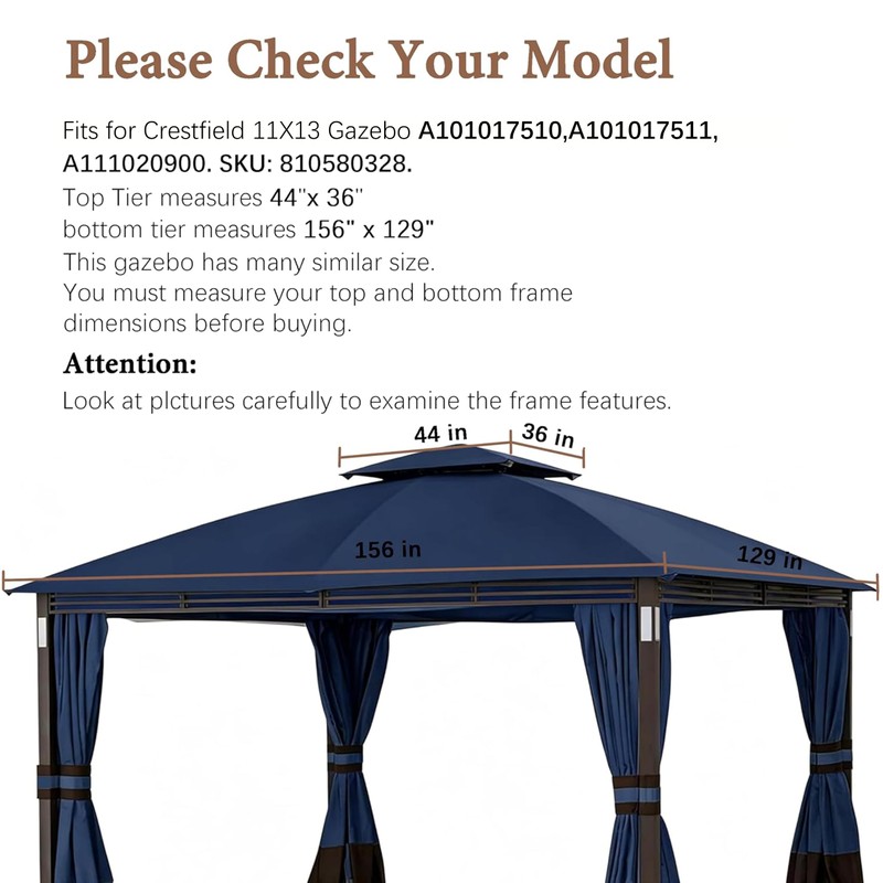 11X13 Replacement Cover Fit for SunNest Moorehead Domed Gazebo (11X13