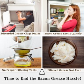 Bacon Grease Container with Strainer - With Food-Grade Silicone Spatula, 24oz Enamel Rustic Farmhouse Fat Container, Keeper, Recipes, Dishwasher Safe