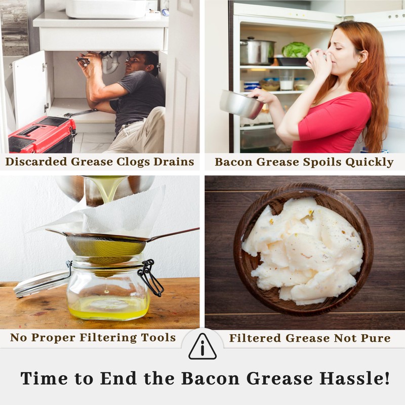Bacon Grease Container with Strainer - With Food-Grade Silicone Spatula,