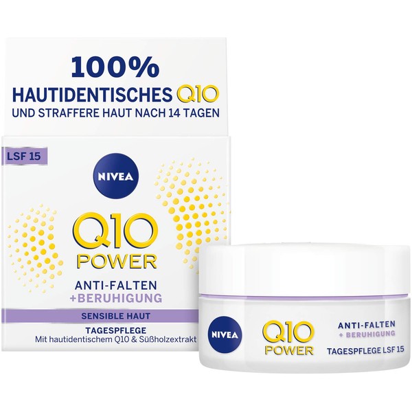 NIVEA Q10 Power Anti-Wrinkle + Reduced Sensitivity Day Cream for Smoother & Younger Looking Skin, Day Cream with SPF 15, 50 ml
