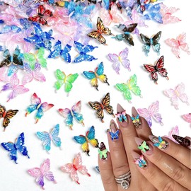 FINGCRO 60Pcs 3D Butterfly Nail Charms for Nails Spring Summer Butterflies Resin Nails Rhinestones Gem Jewelry Mixed Colorful Butterflies Nail Art Supplies for Women Girls Manicure Decoration 4
