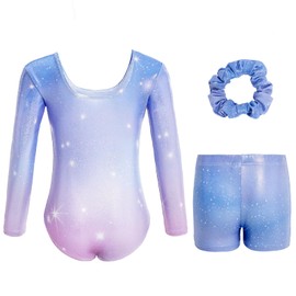 Gogokids Girls Three-Piece Gymnastics Leotards, Long Sleeve Gymnastics Set with Shorts and Hairband, Sparkling Ballet Dancing Unitards - Gymnastics Outfit with Gradient Color Design for 5-6 Years