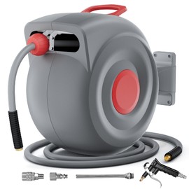 Retractable Air Hose Reel with Air Blow Gun, 3/8 In 65 ft Any Length Lock Air Compressor Hose Reel with Handle,180° Swivel Wall Mount for Garage