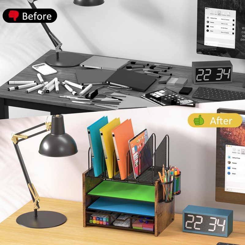 4-Tier Mesh Desk Organizer, Wooden Desk File Organizer with 5