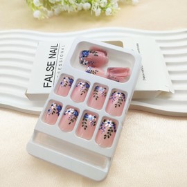 Square Press on Nails Short Medium Fake Nails Press ons with Nude Pink False Nails with Blue Flower Leaf Designs Full Cover Glue on Nails Cute Acrylic Stick on Nails for Women Girls 24 Pcs