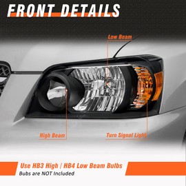 AXLAHA Headlight Assembly for Toyota Highlander 2004 2005 2006 2007 Headlight Black Housing Amber Reflector Headlamp Replacement Pair Left and Right