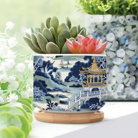 WoGuangis Blue and Gold Asia Tiered Tower Planters Ceramics Set of 3 Blue Asia Tiered Tower Asian Planter for Succulents with Drainage Bamboo Trays Chinoiserie Small Ceramics Pots for Plants