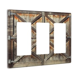 Brown Wooden Barn Doors Decorative Outlet Cover Triple Rocker Light Switch Plate Cover Electricity Receptacles Plates For Home Kitchen Living Bedroom 6.57 * 4.65