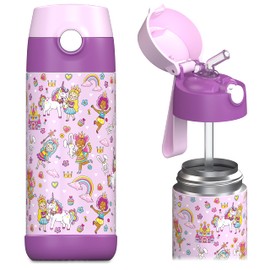 JARLSON kids water bottle with straw - CHARLI - insulated stainless steel water bottle - thermos - girls/boys (Princess 'Mosaic', 12 oz)