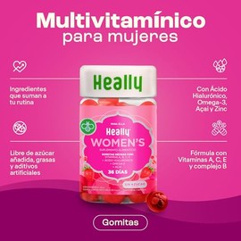 Multivitamínico para Mujer Gomitas con Ácido Hialurónico y Omega-3, HEALLY | 36 Porciones, Gomitas, Sabor Fresa y Granada, Vitaminas A, B, C, E, Sin A