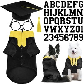 Huhumy 5 Pcs Dog Graduation Costume Set Include 2025 Pet Graduation Gown with Stole Puppy Grad Cap Lensless Glasses DIY Letter Stickers for Dogs Cats Holiday Costume Accessory(Black Yellow,XL)