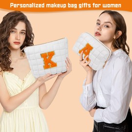 2PCS Initial Checkered Makeup Bag, Quilted Cosmetic Bag, Cute Make up Pouch for Purse, Travel Toiletry Storage Bag for Women Preppy Teen Girls Gift Trendy Stuff Gift (White K)