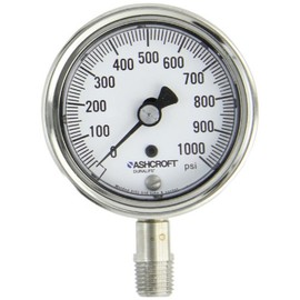 Ashcroft Duralife Type 1009SW Stainless Steel Case Dry Filled Pressure Gauge, Stainless Steel Tube and Socket, 2-1/2" Dial Size, 1/4" NPT Lower Connection, 0/1000 psi Pressure Range