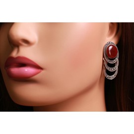 Vintage Marcasite 925 Sterling Silver 16mm Carnelian, Dangle Moving Hoops, One of a Kind Marcasite Gemstone Earrings