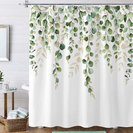 kampdream Green Eucalyptus Leaves Shower Curtain, Watercolor Plant On The Top Shower Curtain, Sage Green Spring Botanical Bathroom Curtain 72 ×72 Inch