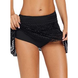 Lopie Women Lace Crochet Swim Skirt Bikini Bottom Swimsuit Board Shorts Skort Swimdress (Black, XXL)