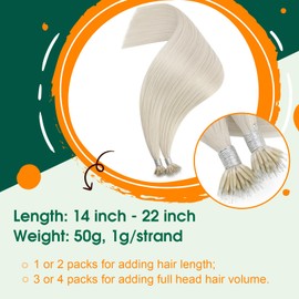Easyouth Nano Loop Real Hair Extensions, Blonde, Nanoring, 40 cm, 50 Pieces, 50 g, White Blonde, Remy Human Hair, #1000
