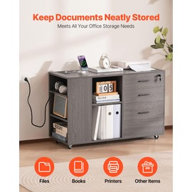 VEVOR 3 Drawer Wooden File Cabinet, Mobile Filing Cabinet with Power Strip, Lockable Rolling File Storage with Adjustable Shelves & 5 Wheels, Floor Standing Printer Stand for Home Office School, Gray