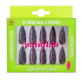 PaintLab Uñas postizas color marrón carey con estampado animal, estilo stiletto, paquete de 30 unidades.