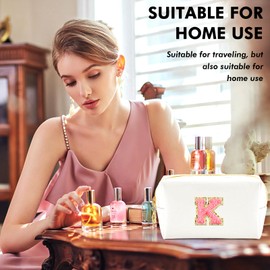 URSKYTOUS Initial Preppy Makeup Bag for Women Travel Large Cosmetic Bag Cute Pink Makeup Pouch for Purse Zippered Toiletry Bag Organizer PU Leather Aesthetic Makeup Brushes Storage Bag Makeup Case,