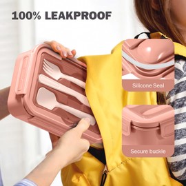 Diboniur Brotdose, Lunchbox mit Fächern Besteck Kinder Erwachsene 1400ML Bento Box Arbeit Mikrowellengeeignet Schule Büro (Rosa)
