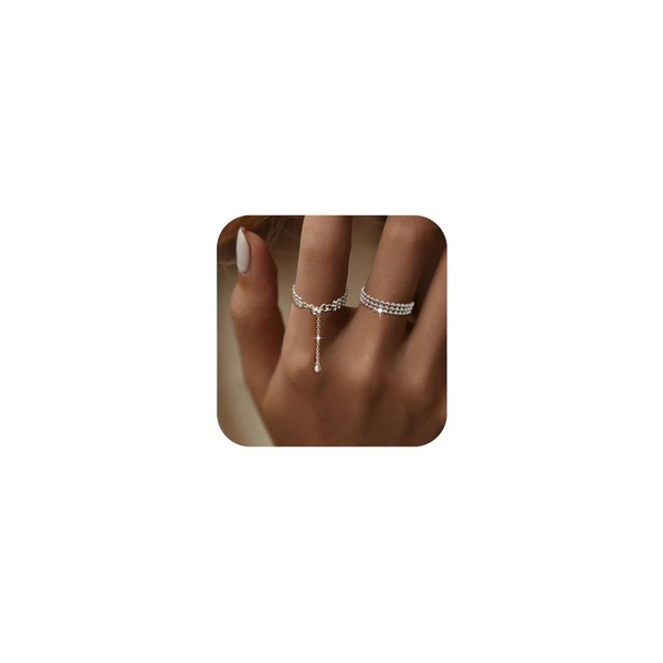 IPEPPY Stackable 925 Sterling Silver Link Chain Ring with Dangle