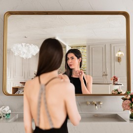 LOAAO 48X30 Inch Bathroom Mirror with Wood Grain Colored Metal Frame, Rounded Rectangle Metal Framed Bathroom Mirror, Anti-Rust, Hangs Horizontally or Vertically, Tempered Glass