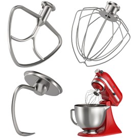Stainless Steel Accessories 3 Piece Kit for KitchenAid 4.5 and 5 Quart Tilt-Head Stand Mixers, Includes 4.5-5QT Flat Beater, Dough Hook, K45WW 6-Wire Whisk for Kitchen Aid Attachments & 4.5-5 Qt Bowl
