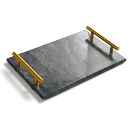Moreast Black Real Marble Tray with Golden Handle, Natural Stone Decorative Tray with Metal Handle for Bathroom Kitchen Vanity Dresser Nightstand Desk, 11.8" x 7.9" Black
