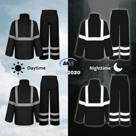TCCFCCT Hi Vis Rain Jacket and Pants Rain Suits for Men Waterproof, High Vis Rain Coat with Hood, High Visibility Rain Gear for Safety Work, Class 3 Reflective raincoat for Outdoors, L-XL Black WP
