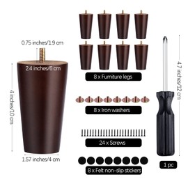TURSTIN 8 Pieces Furniture Legs 4 Inches Round Solid Wood Furniture Feet Couch Legs Sofa Legs Replacement Legs for Armchair, Cabinet, Chair, Dresser or Home DIY Projects, Brown