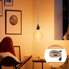 16.5FT Pendant Light Kit with Switch, Zevnico Hanging Lights with Plug in Cord, Farmhouse Vintage Twisted Hemp Rope Light Fixture E26 E27 Based for Home Decor and DIY Lighting Projects