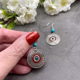 Turquoise and Red Ornate Patterned Disc Bead Earrings in Antique Silver Look : 53mm