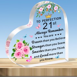 JMIMO 21st Birthday Gifts for Her Inspirational 21st Transparent Heart Shaped Acrylic Plaque Keepsake
