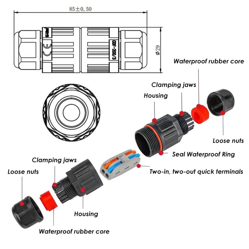2 Pcs 2-pin IP68 outdoor waterproof junction box cable connector/quick