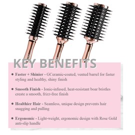 FoxyBae Hair Brush Set - Round Detangler for All Hair Types - Professional Volumizer & Styling Brushes with Vented Barrel - Boar & Nylon Bristles (Rose Gold)