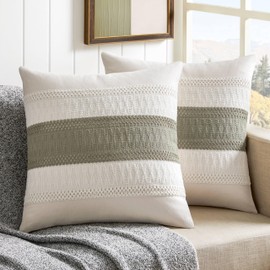 ZeeMart 2 Packs Cotton Boho Throw Pillow Covers 22x22 Inch Contrast Dark Sage, Soft Farmhouse Decorative Couch Pillow Cases Sage Green Cushion Covers for Sofa Bed Living Room Home Decor