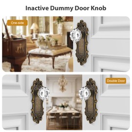 ToPToToo Antique Brass Dummy Door Knob Interior, Antique Single Side Glass Closet Door Knobs Replacement Vintage Crystal Cabinet Dummy Door Handles No Lock,2 Pack