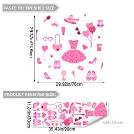 Pink Princess Dress Wall Stickers Cute Theme Wall Decals Peel and Stick DIY Removable Pink Room Wall Decor for Bedroom Living Room (A)