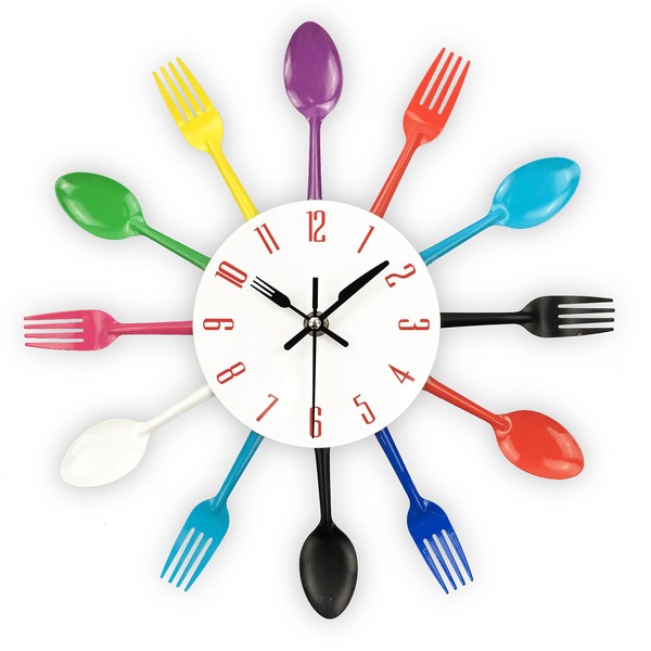Timelike Kitchen Wall Clock, 3D Removable Modern Creative Cutlery Kitchen Spoon Fork Wall Clock Mirror Wall Decal Wall Sticker Room Home Decoration (Colorful)