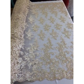 NEW CREATIONS FABRIC AND FOAM INC CHAMPAGNE FLORAL DESIGN EMBROIDERY WITH IRIDESCENT SEQUIN ON A MESH-SOLD BY YARD